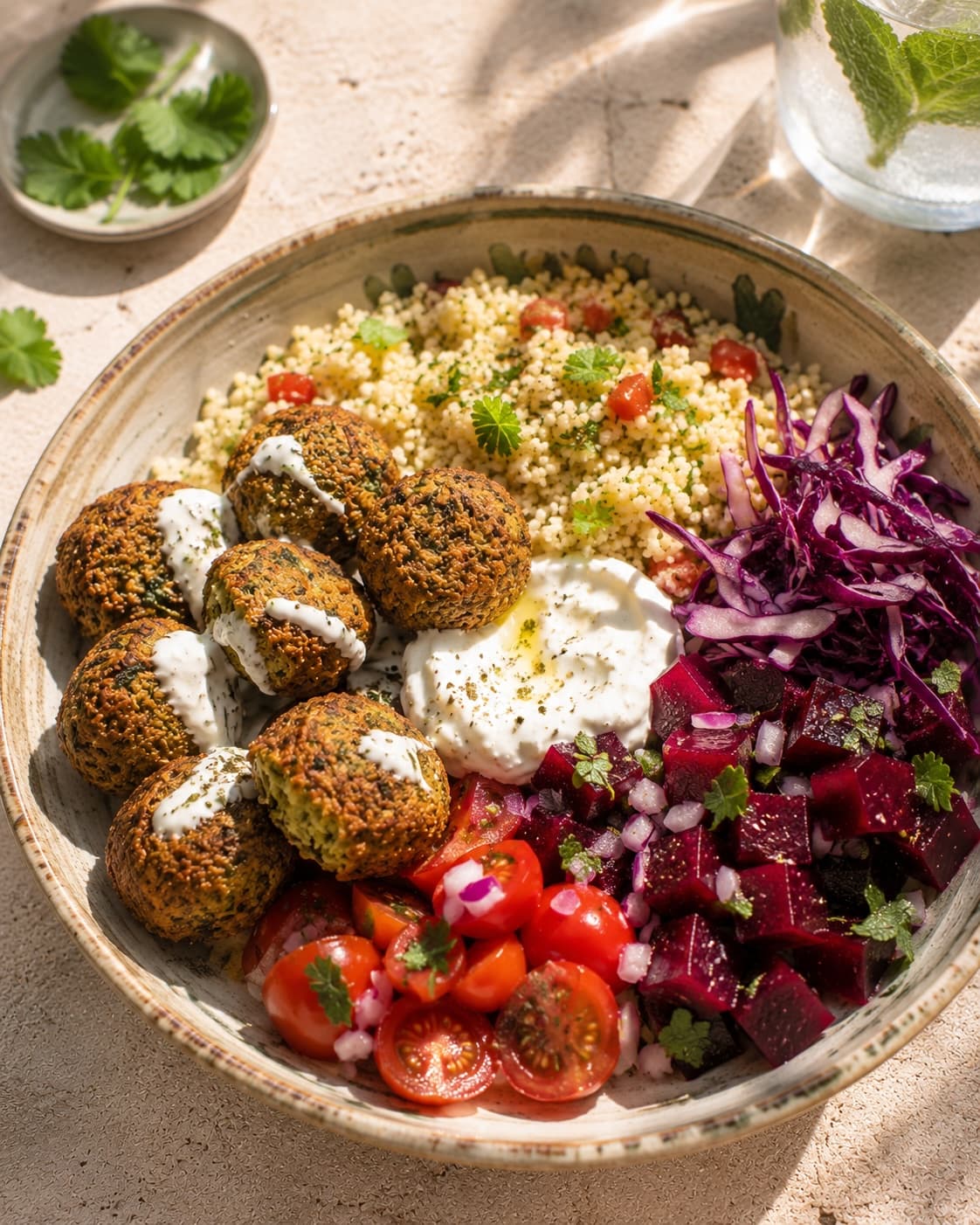 Bowl de falafels, taboulé, betteraves, tomates et légumes croquants