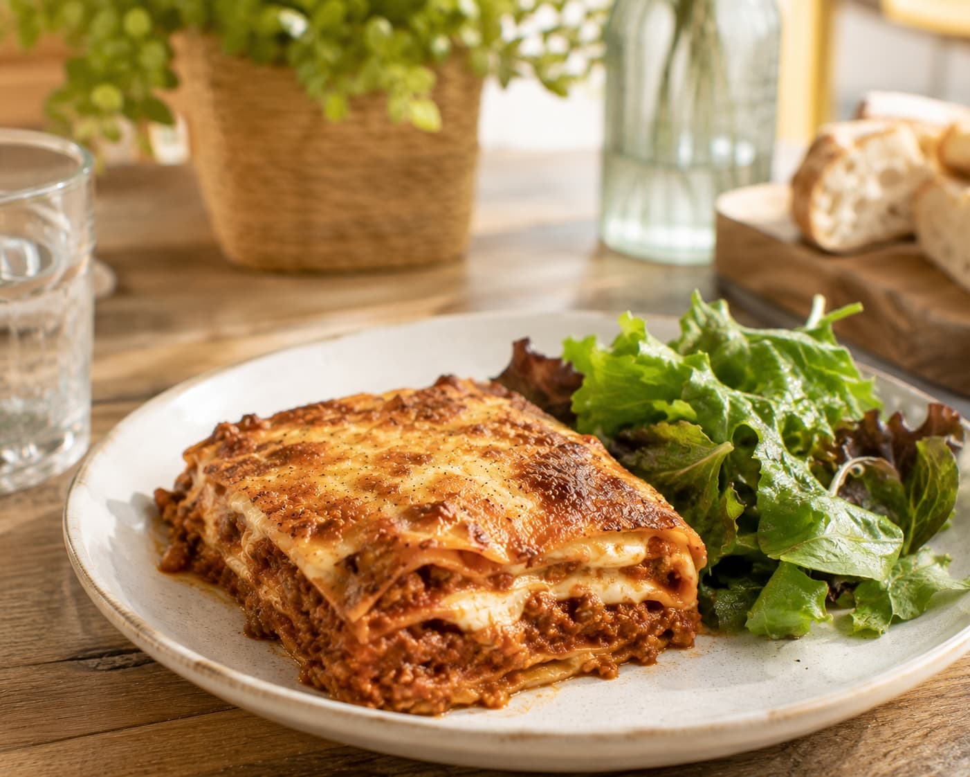 Part de lasagnes bolognaise gratinées, servie avec une salade verte